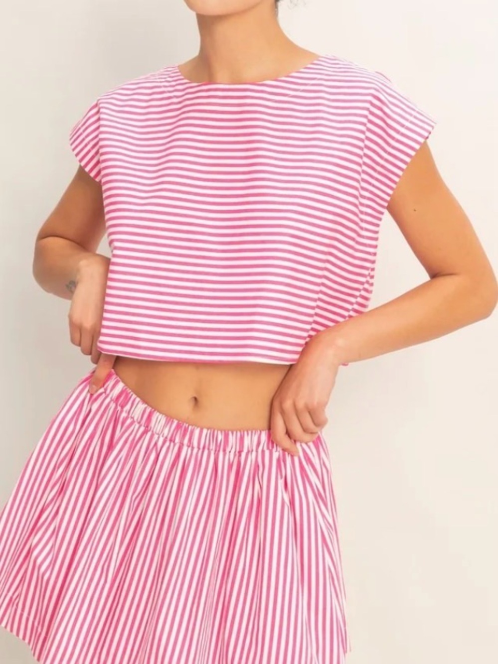 Striped Pink Crop Tee - Women's Casual Top and Skirt Set